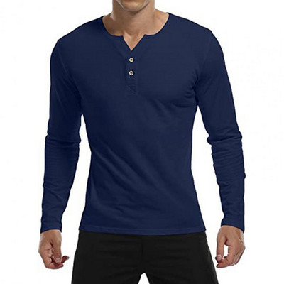 Vyriški rudens marškinėliai ilgomis rankovėmis V kaklu, ploni, vienspalviai mygtukai, minkšti, kvėpuojantys Henley kaklo megztinis vidutinio ilgio vyriškas spyruoklinis botas