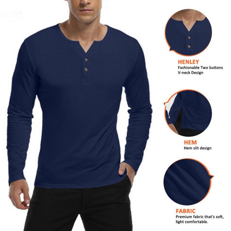 Vyriški rudens marškinėliai ilgomis rankovėmis V kaklu, ploni, vienspalviai mygtukai, minkšti, kvėpuojantys Henley kaklo megztinis vidutinio ilgio vyriškas spyruoklinis botas