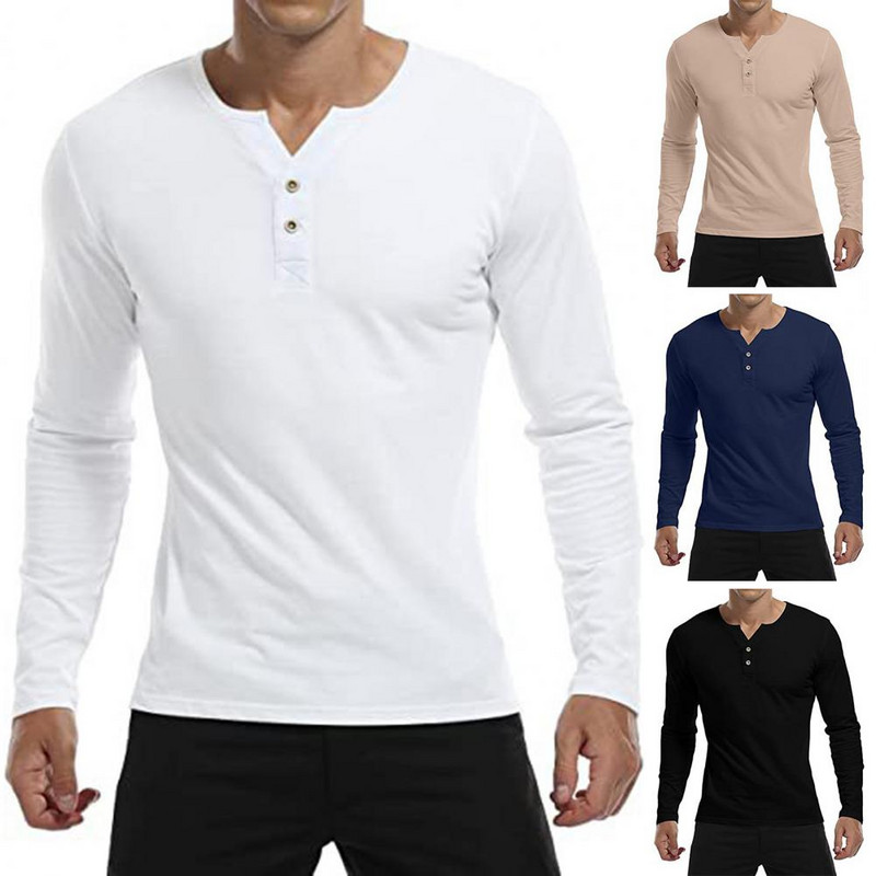 Vyriški rudens marškinėliai ilgomis rankovėmis V kaklu, ploni, vienspalviai mygtukai, minkšti, kvėpuojantys Henley kaklo megztinis vidutinio ilgio vyriškas spyruoklinis botas