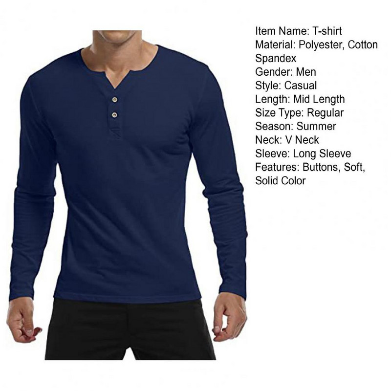 Vyriški rudens marškinėliai ilgomis rankovėmis V kaklu, ploni, vienspalviai mygtukai, minkšti, kvėpuojantys Henley kaklo megztinis vidutinio ilgio vyriškas spyruoklinis botas
