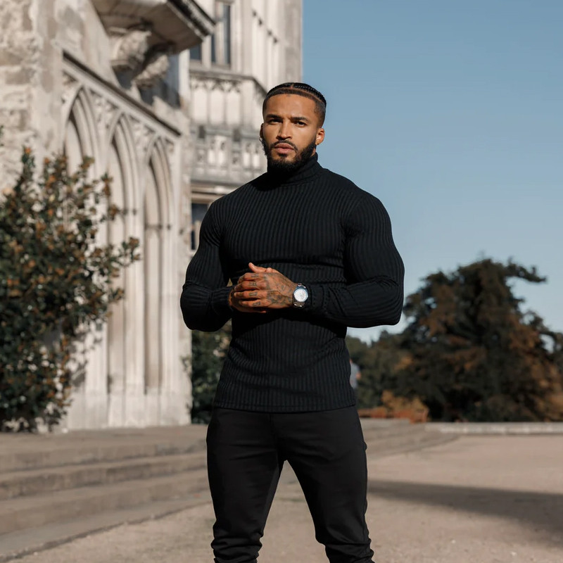 Otac sinovi Klasični crni rebrasti pleteni pulover s dolčevitom Nova muška majica dugih rukava Sport Fitness Ležerna donja majica