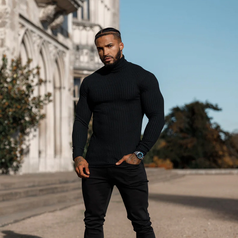 Otac sinovi Klasični crni rebrasti pleteni pulover s dolčevitom Nova muška majica dugih rukava Sport Fitness Ležerna donja majica