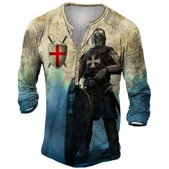 Ανδρικό βαμβακερό μπλουζάκι Henley Templar Graphic Tee Cross μεγάλου μεγέθους ρούχα Ανθρώπινα 3d print με μακρυμάνικο κουμπιά Ρούχα Vintage