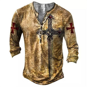 Ανδρικό βαμβακερό μπλουζάκι Henley Templar Graphic Tee Cross μεγάλου μεγέθους ρούχα Ανθρώπινα 3d print με μακρυμάνικο κουμπιά Ρούχα Vintage