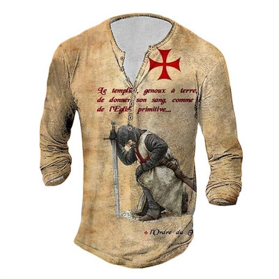 Ανδρικό βαμβακερό μπλουζάκι Henley Templar Graphic Tee Cross μεγάλου μεγέθους ρούχα Ανθρώπινα 3d print με μακρυμάνικο κουμπιά Ρούχα Vintage