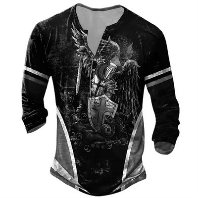 Ανδρικό βαμβακερό μπλουζάκι Henley Templar Graphic Tee Cross μεγάλου μεγέθους ρούχα Ανθρώπινα 3d print με μακρυμάνικο κουμπιά Ρούχα Vintage