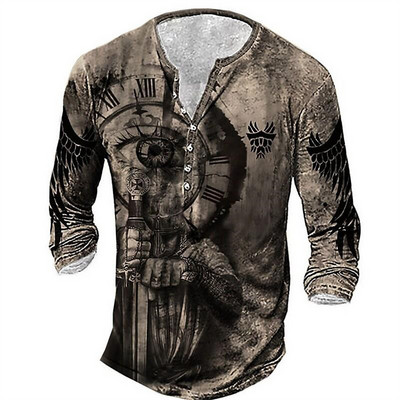 Ανδρικό βαμβακερό μπλουζάκι Henley Templar Graphic Tee Cross μεγάλου μεγέθους ρούχα Ανθρώπινα 3d print με μακρυμάνικο κουμπιά Ρούχα Vintage