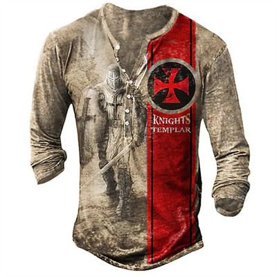 Ανδρικό βαμβακερό μπλουζάκι Henley Templar Graphic Tee Cross μεγάλου μεγέθους ρούχα Ανθρώπινα 3d print με μακρυμάνικο κουμπιά Ρούχα Vintage