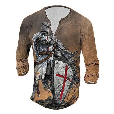 Ανδρικό βαμβακερό μπλουζάκι Henley Templar Graphic Tee Cross μεγάλου μεγέθους ρούχα Ανθρώπινα 3d print με μακρυμάνικο κουμπιά Ρούχα Vintage
