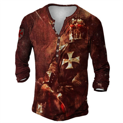 Ανδρικό βαμβακερό μπλουζάκι Henley Templar Graphic Tee Cross μεγάλου μεγέθους ρούχα Ανθρώπινα 3d print με μακρυμάνικο κουμπιά Ρούχα Vintage