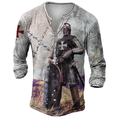 Ανδρικό βαμβακερό μπλουζάκι Henley Templar Graphic Tee Cross μεγάλου μεγέθους ρούχα Ανθρώπινα 3d print με μακρυμάνικο κουμπιά Ρούχα Vintage