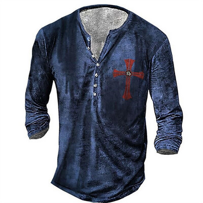 Ανδρικό βαμβακερό μπλουζάκι Henley Templar Graphic Tee Cross μεγάλου μεγέθους ρούχα Ανθρώπινα 3d print με μακρυμάνικο κουμπιά Ρούχα Vintage