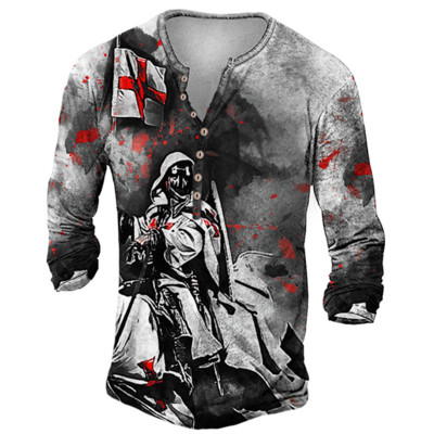 Ανδρικό βαμβακερό μπλουζάκι Henley Templar Graphic Tee Cross μεγάλου μεγέθους ρούχα Ανθρώπινα 3d print με μακρυμάνικο κουμπιά Ρούχα Vintage