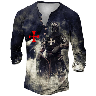Ανδρικό βαμβακερό μπλουζάκι Henley Templar Graphic Tee Cross μεγάλου μεγέθους ρούχα Ανθρώπινα 3d print με μακρυμάνικο κουμπιά Ρούχα Vintage