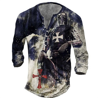 Ανδρικό βαμβακερό μπλουζάκι Henley Templar Graphic Tee Cross μεγάλου μεγέθους ρούχα Ανθρώπινα 3d print με μακρυμάνικο κουμπιά Ρούχα Vintage
