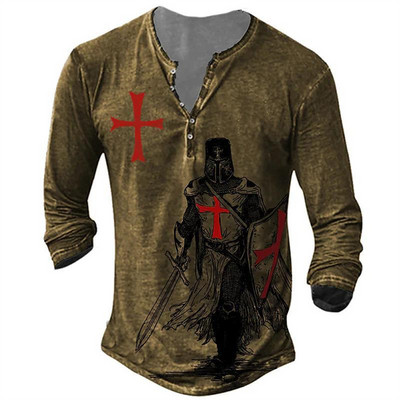 Ανδρικό βαμβακερό μπλουζάκι Henley Templar Graphic Tee Cross μεγάλου μεγέθους ρούχα Ανθρώπινα 3d print με μακρυμάνικο κουμπιά Ρούχα Vintage
