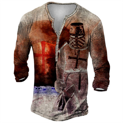 Ανδρικό βαμβακερό μπλουζάκι Henley Templar Graphic Tee Cross μεγάλου μεγέθους ρούχα Ανθρώπινα 3d print με μακρυμάνικο κουμπιά Ρούχα Vintage