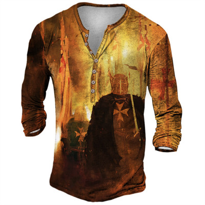 Ανδρικό βαμβακερό μπλουζάκι Henley Templar Graphic Tee Cross μεγάλου μεγέθους ρούχα Ανθρώπινα 3d print με μακρυμάνικο κουμπιά Ρούχα Vintage