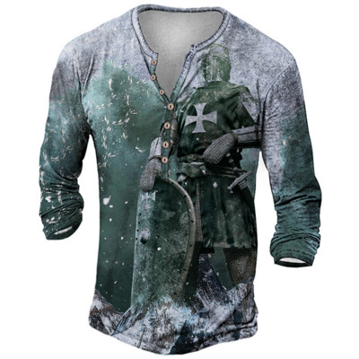 Ανδρικό βαμβακερό μπλουζάκι Henley Templar Graphic Tee Cross μεγάλου μεγέθους ρούχα Ανθρώπινα 3d print με μακρυμάνικο κουμπιά Ρούχα Vintage
