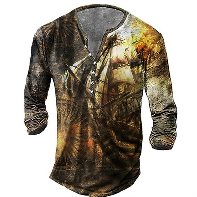 Ανδρικό βαμβακερό μπλουζάκι Henley Templar Graphic Tee Cross μεγάλου μεγέθους ρούχα Ανθρώπινα 3d print με μακρυμάνικο κουμπιά Ρούχα Vintage