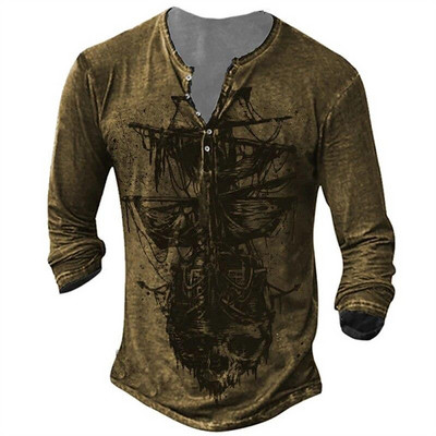 Ανδρικό βαμβακερό μπλουζάκι Henley Templar Graphic Tee Cross μεγάλου μεγέθους ρούχα Ανθρώπινα 3d print με μακρυμάνικο κουμπιά Ρούχα Vintage