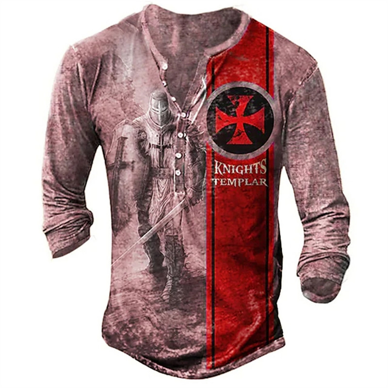 Vyriški medvilniniai marškinėliai Henley Templar Graphic Tee Cross Oversized Clothes Human 3D Print Ilgomis rankovėmis mygtukais Senoviniai drabužiai