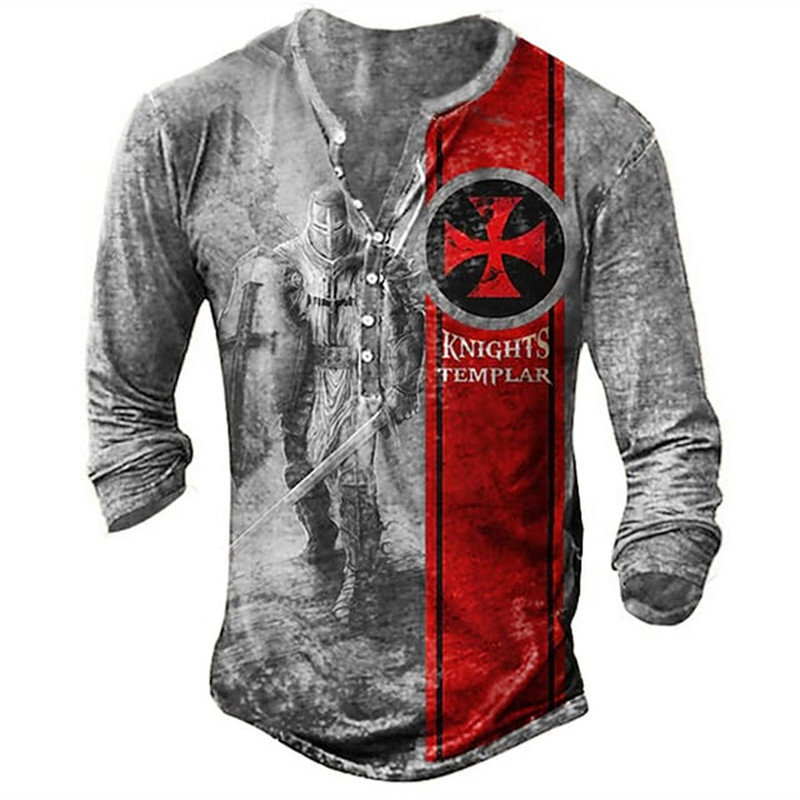 Vyriški medvilniniai marškinėliai Henley Templar Graphic Tee Cross Oversized Clothes Human 3D Print Ilgomis rankovėmis mygtukais Senoviniai drabužiai