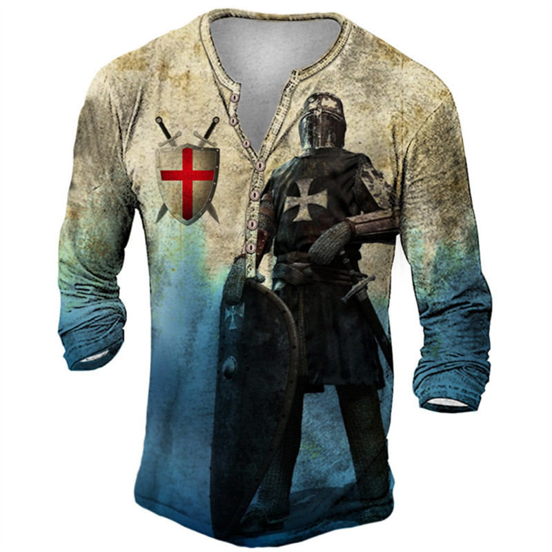 Vyriški medvilniniai marškinėliai Henley Templar Graphic Tee Cross Oversized Clothes Human 3D Print Ilgomis rankovėmis mygtukais Senoviniai drabužiai