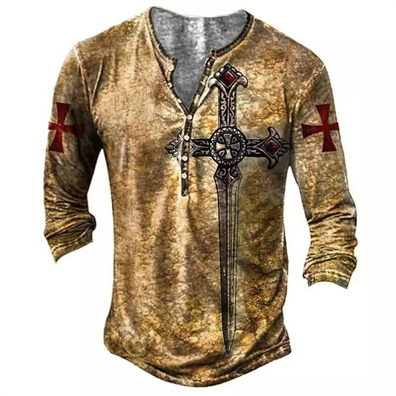Vyriški medvilniniai marškinėliai Henley Templar Graphic Tee Cross Oversized Clothes Human 3D Print Ilgomis rankovėmis mygtukais Senoviniai drabužiai
