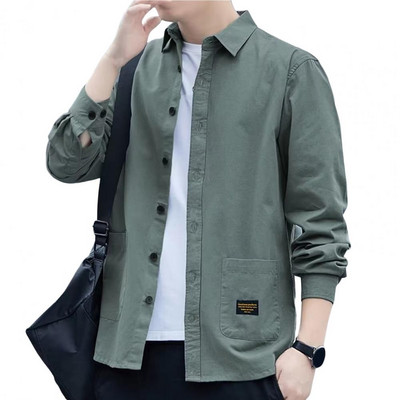 Ανδρικό φθινοπωρινό πουκάμισο μονόχρωμο μακρυμάνικο γυριστό γιακά χαλαρό μονόπλευρο, καθημερινό φθινοπωρινό μπλουζάκι σε κορεάτικο στυλ casual