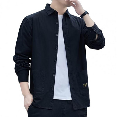 Ανδρικό φθινοπωρινό πουκάμισο μονόχρωμο μακρυμάνικο γυριστό γιακά χαλαρό μονόπλευρο, καθημερινό φθινοπωρινό μπλουζάκι σε κορεάτικο στυλ casual