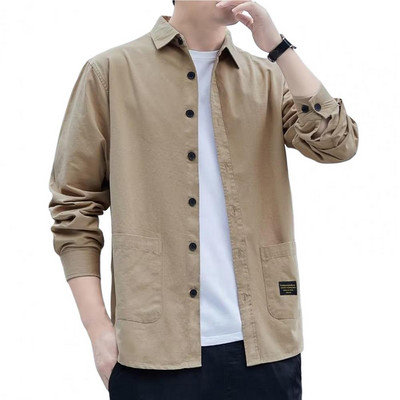 Ανδρικό φθινοπωρινό πουκάμισο μονόχρωμο μακρυμάνικο γυριστό γιακά χαλαρό μονόπλευρο, καθημερινό φθινοπωρινό μπλουζάκι σε κορεάτικο στυλ casual