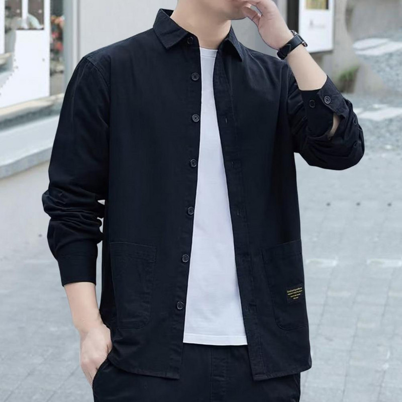 Ανδρικό φθινοπωρινό πουκάμισο μονόχρωμο μακρυμάνικο γυριστό γιακά χαλαρό μονόπλευρο, καθημερινό φθινοπωρινό μπλουζάκι σε κορεάτικο στυλ casual