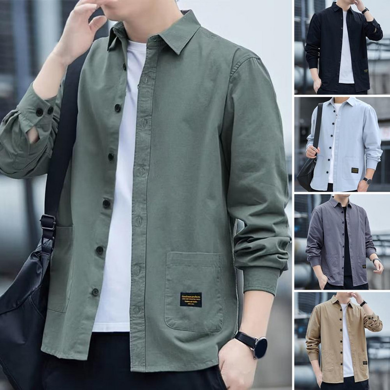 Ανδρικό φθινοπωρινό πουκάμισο μονόχρωμο μακρυμάνικο γυριστό γιακά χαλαρό μονόπλευρο, καθημερινό φθινοπωρινό μπλουζάκι σε κορεάτικο στυλ casual