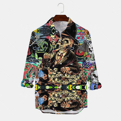 2022 Skull Majica Muška košulja Street Hip Hop 3d print dugih rukava Jesenska zabava Muška odjeća dugih rukava Retro havajska košulja Muškarci