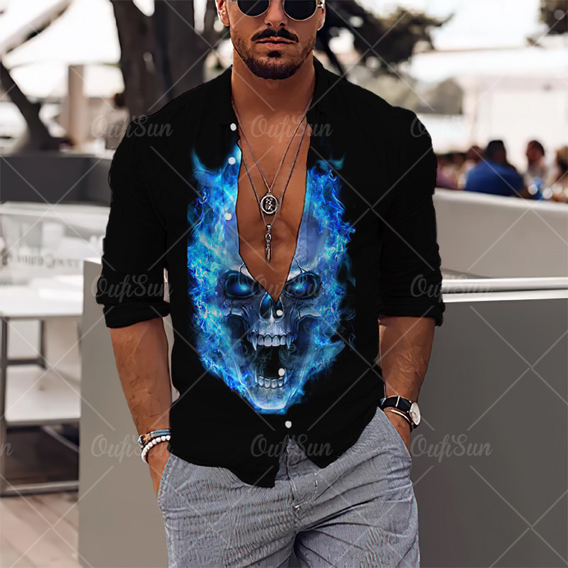 2022 Skull Majica Muška košulja Street Hip Hop 3d print dugih rukava Jesenska zabava Muška odjeća dugih rukava Retro havajska košulja Muškarci