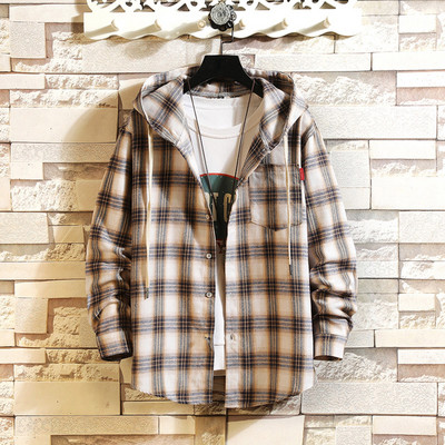 Košulja s kapuljačom dugih rukava za muškarce Jesen Zima Jednoredno kopčanje Ležerne bluze na rever Odmor za vanjske prilike s džepovima Muška karirana košulja