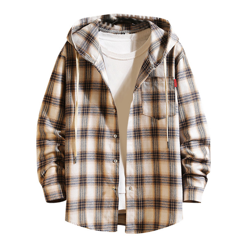 Košulja s kapuljačom dugih rukava za muškarce Jesen Zima Jednoredno kopčanje Ležerne bluze na rever Odmor za vanjske prilike s džepovima Muška karirana košulja