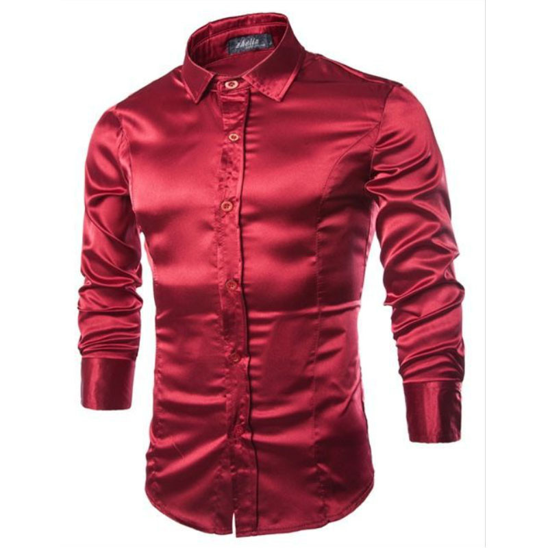 Ανδρικό μαύρο σατέν πουκάμισο πολυτελείας φόρεμα Μεταξωτό ανδρικό σμόκιν πουκάμισο Slim Fit Wedding Party Prom Casual Shirt Chemise Homme