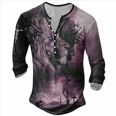 2023. aasta uus meeste pikkade varrukatega V-kraega nööbiga T-särk, meeste 3D-digitaalprintiga gooti T-särk.