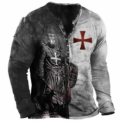 2023. aasta uus meeste pikkade varrukatega V-kraega nööbiga T-särk, meeste 3D-digitaalprintiga gooti T-särk.