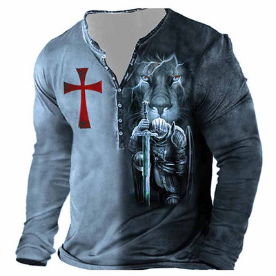 2023. aasta uus meeste pikkade varrukatega V-kraega nööbiga T-särk, meeste 3D-digitaalprintiga gooti T-särk.