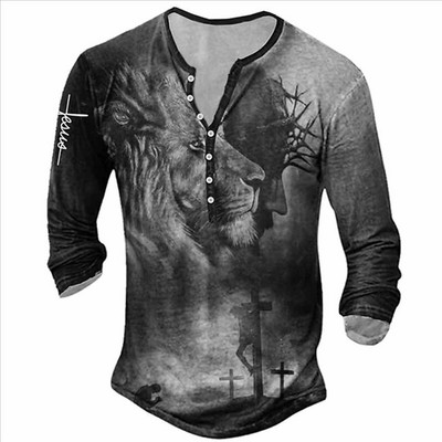 2023. aasta uus meeste pikkade varrukatega V-kraega nööbiga T-särk, meeste 3D-digitaalprintiga gooti T-särk.