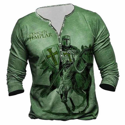 2023. aasta uus meeste pikkade varrukatega V-kraega nööbiga T-särk, meeste 3D-digitaalprintiga gooti T-särk.