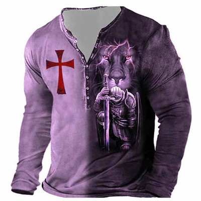 2023. aasta uus meeste pikkade varrukatega V-kraega nööbiga T-särk, meeste 3D-digitaalprintiga gooti T-särk.