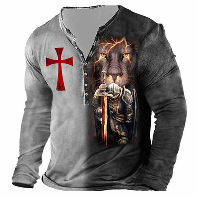 2023. aasta uus meeste pikkade varrukatega V-kraega nööbiga T-särk, meeste 3D-digitaalprintiga gooti T-särk.