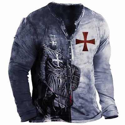 2023. aasta uus meeste pikkade varrukatega V-kraega nööbiga T-särk, meeste 3D-digitaalprintiga gooti T-särk.