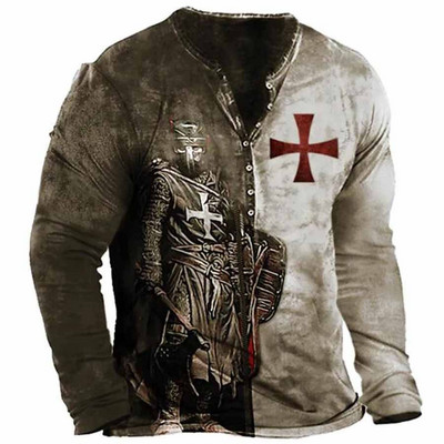 2023. aasta uus meeste pikkade varrukatega V-kraega nööbiga T-särk, meeste 3D-digitaalprintiga gooti T-särk.