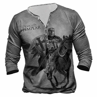 2023. aasta uus meeste pikkade varrukatega V-kraega nööbiga T-särk, meeste 3D-digitaalprintiga gooti T-särk.