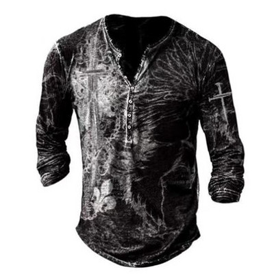 2023. aasta uus meeste pikkade varrukatega V-kraega nööbiga T-särk, meeste 3D-digitaalprintiga gooti T-särk.